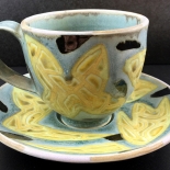 smith _1993_6.25_IMG_3282_w, Blue, Black and Yellow Cup and Saucer, Anne Smith, Ceramics, 1993, AnneSmith, Gallery East, Gallery East Boston