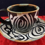 smith_1986_6.25_IMG_3238_w, Black and White and Yellow Cup and Saucer, Anne Smith, Ceramics, 1986, AnneSmith, Gallery East, Gallery East Boston