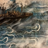 17_artem_mirolevich_warship_over_atlantis_w, Warship over Atlantis, Artem Mirolevich, 2018, Mixed media on canvas, Mirolevich, Gallery East, Gallery East Boston