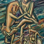 07_magnus_johnstone_1995_baboon_love_11x14_w, Baboon Love, Magnus Johnstone, Magnus, 1994, Oil on masonite, Gallery East, Gallery East Boston