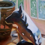 beck_1980_01w, Dog Beside a Chinese Jar, Ken Beck, 1980, Oil on Paper, Original Art, Paintings, Gallery East, Beck, Gallery East Network