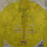savarino_2003_yellow_buddha_18x18w, 2003, Yellow Buddha, Encaustic on canvas, Gallery East, Gallery East Boston, Paola Savarino, Savarino