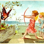 1880c_vtc_butterfly_hunting_4x5.75_dlw, Art Nouveau, Butterfly Hunting, Jacob Reed’s, Victorian Trade Card, c 1880, Lithograph, Objets d'art, Gallery East, Objets, Gallery East Network