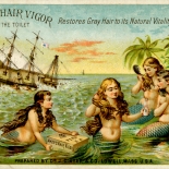 1880c_vtc_mermaids_2.75x4.25_dlw, Art Nouveau, Mermaids, Ayer’s Hair Vigor, Victorian Trade Card, c1880, Lithograph, Objets d'art, Gallery East, Objets, Gallery East Network