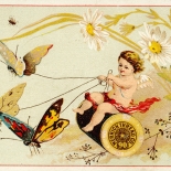 1890c_vtc_butterfly_chariot_merrick_3x4.5_dlw, Art Nouveau, Butterfly Chariot, Merrick Thread, Victorian Trade Card, c 1890, Lithograph, Objets d'art, Gallery East, Objets, Gallery East Network