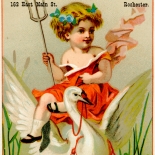 1890c_vtc_devil_girl_3.25x4.75_dlw, Art Nouveau, Girl Riding a Swan, NY Hair & Millinery, Victorian Trade Card, c1890, Lithograph, Objets d'art, Gallery East, Objets, Gallery East Network
