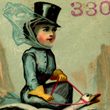 1890c_vtc_lady_goose_rider_3.25x5.25_dlw, Art Nouveau, Lady Goose Rider, Grandss Magazins, Victorian Trade Card, c1890, Lithograph, Objets d'art, Gallery East, Objets, Gallery East Network