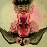 1890c_vtc_lady_owl_rider_3.25x5.25_dlw, Art Nouveau, Lady Owl Rider, Victorian Trade Card, c1890, Lithograph, Objets d'art, Gallery East, Objets, Gallery East Network