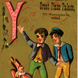 1890c_vtc_y_blakes_3x4.25_dlw, Art Nouveau, Y, Blake’s Great Piano Palace, Victorian Trade Card, c 1890, Lithograph, Objets d'art, Gallery East, Objets, Gallery East Network