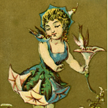trumpet_flower_dress_c1870_w, Art Nouveau, Morning Glory, Victorian Trade Card, c 1870, Lithograph, Objets d'art, Gallery East, Objets, Gallery East Network