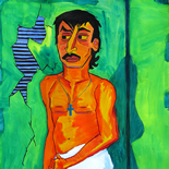 08_2005_tomasino_jairo_in_hallway_w, Jairo in the Hallway, Walter Tomasino, 2005, Watercolor on paper, Back Alley Machismo, Expressionist, Punk, Homoerotic Art. Gallery East, Tomasino, Gallery East Network