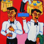 11_2007_tomasino_italian_waiters_w, Italian Waiters, Walter Tomasino, 2007, Acrylic on canvas, Back Alley Machismo, Expressionist, Punk, Homoerotic Art. Gallery East, Tomasino, Gallery East Network