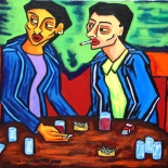 12_1989_tomasino_2men_in_cafe_w640, Two Men in a Cafe, Walter Tomasino, 1989, Acrylic on canvas, Back Alley Machismo, Expressionist, Punk, Homoerotic Art. Gallery East, Tomasino, Gallery East Network